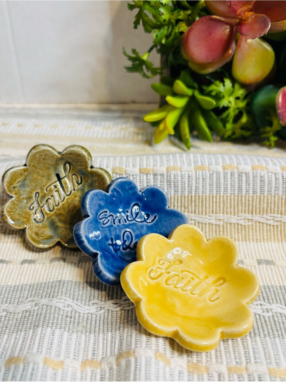 Flower Trinket Dishes - Yellow, Blue, Green - Set of 3